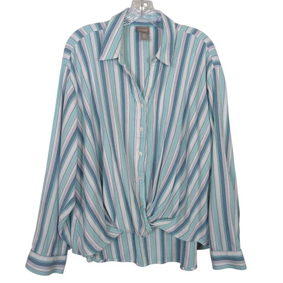 Chico's Striped blue white blouse sz 3 sz 16 with Twist front design Tab Sleeves - Picture 2 of 14
